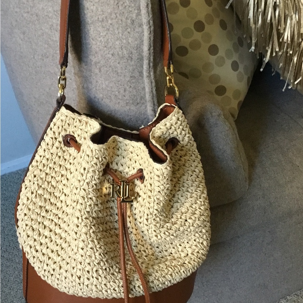 Lauren by RALPH LAUREN “Andie”Bucket Drawstring Straw & Leather Crossbody NWOT - Picture 11 of 16